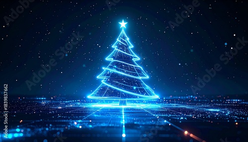 Glowing Blue Christmas Tree Silhouette Against Dark Background with Bokeh Effect
