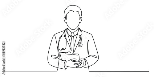 Continuous line drawing of a doctor holding a clipboard with stethoscope
