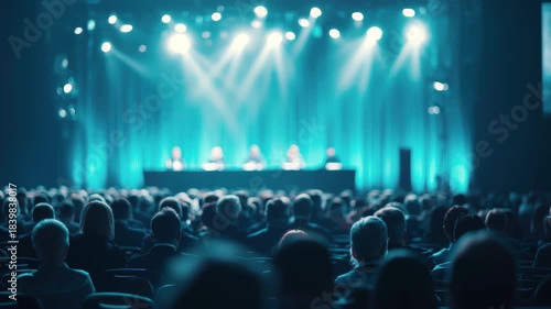 Dynamic business conference featuring diverse audience listening to panel discussion in vibrant blue light, perfect for corporate events