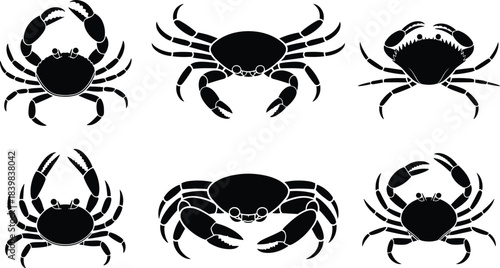 Black Silhouette Crab Icons with Claws and Shells on White Background Keywords: crab, silhouette, black, white background