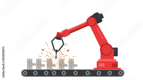Industrial robotic arm welding metal parts on a factory production line with sparks flying.