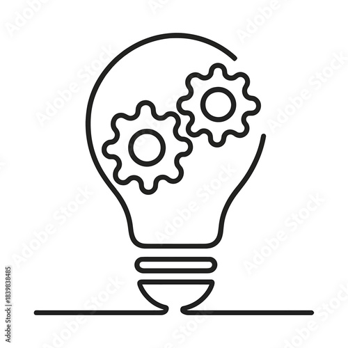 Line art icon of a light bulb with two gears inside, symbolizing innovation and problem solving