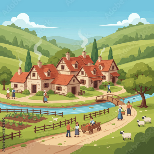 Idyllic medieval village scene with farming and sheep