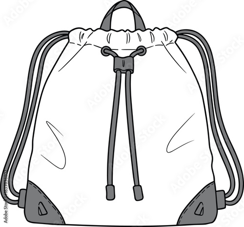 Modern drawstring backpack design, lightweight sport gym sackpack template, travel and fashion accessory mockup, cad drawing flat vector illustration