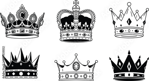 Set of black and white vintage crowns, royal king and queen tiaras, ornate gemstones, monarchy symbols, luxury jewelry illustrations, vector art, elegant regal headpieces