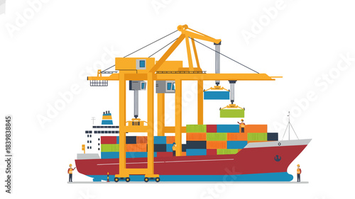 Flat illustration of a cargo ship with colorful containers being loaded by cranes on a white background.