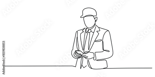 One line drawing of businessman in suit and cap holding something