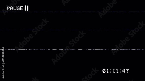 4K VHS video tape pause screen overlay with static distortion, analog noise, and timestamp, black background visual effect loop 4k video animation seamless loop
