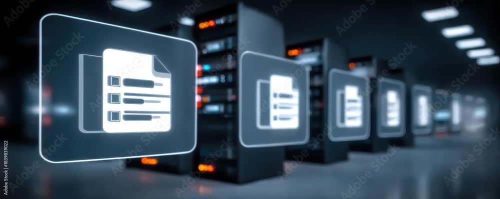 Fototapeta premium High performance servers in enterprise office manage database, ensuring paperwork is ready to publish efficiently