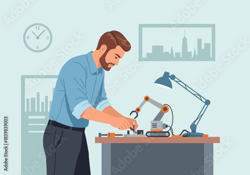 Man assembling robotic arm on workbench with tools and lamp.