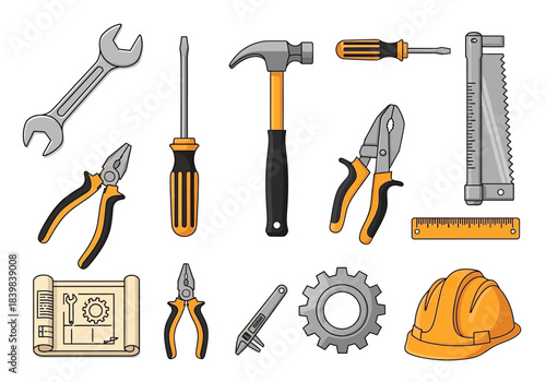 Collection of various hand tools and a hard hat for construction.