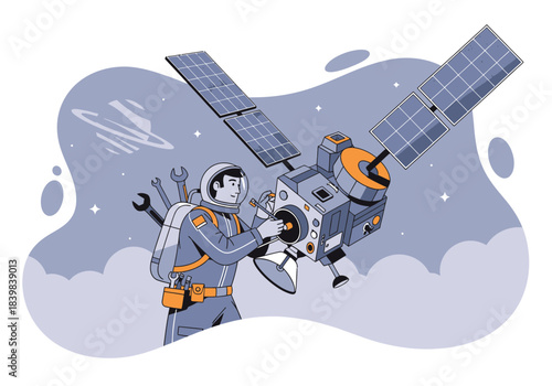 Technician repairs satellite with tools in space.