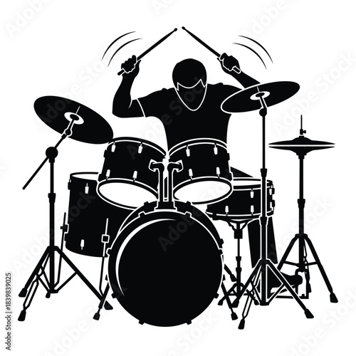 Drummer playing on drum set silhouette illustration