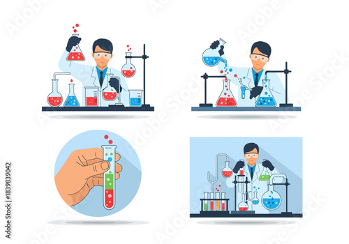 Scientist performs experiments with glassware and liquids in a laboratory.