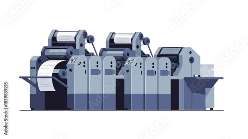 Industrial printing press machine in operation with blue tones on a white background