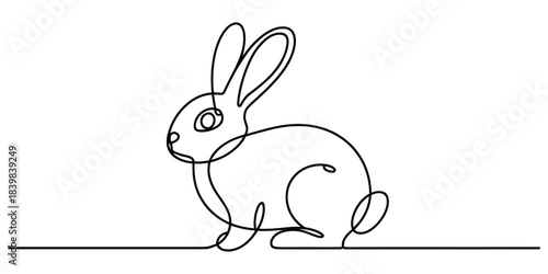 Continuous line drawing of a rabbit sitting on a line, minimalist art
