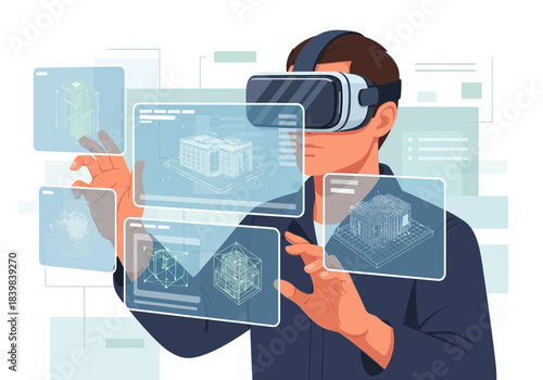 Person wearing virtual reality headset interacting with digital displays.