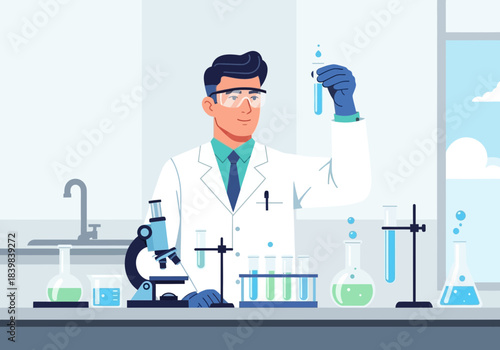 Scientist in lab coat examines test tube with blue liquid.