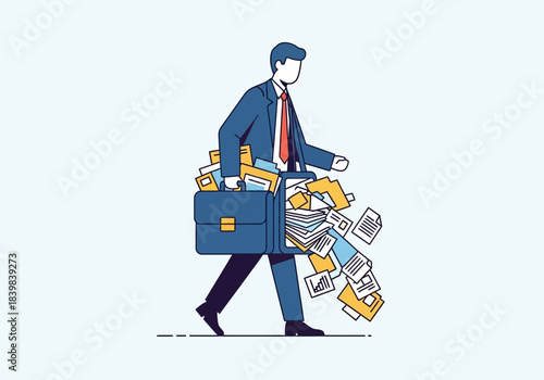 Businessman carries an overflowing briefcase full of papers and documents.