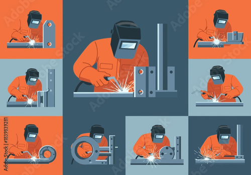 Welder in orange suit works on metal pieces with sparks flying.