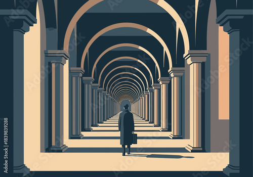 Man walks down a long, arched corridor towards a distant light.
