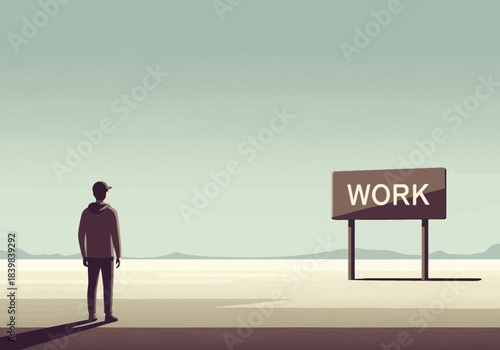Man stands facing a distant sign that reads "WORK" in a barren landscape.