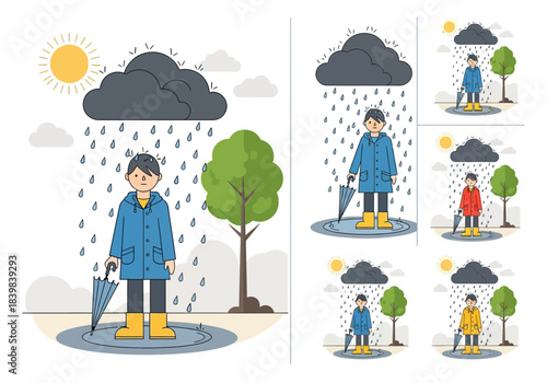 Person in raincoat with umbrella standing in rain near tree.