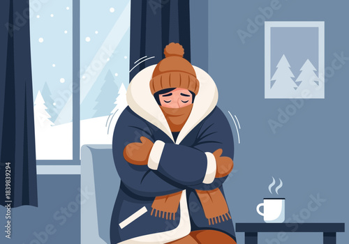 Person bundled in warm clothing feeling cold indoors with a hot drink.