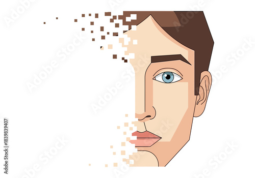 Man's face dissolving into small squares, representing data or digital transformation.