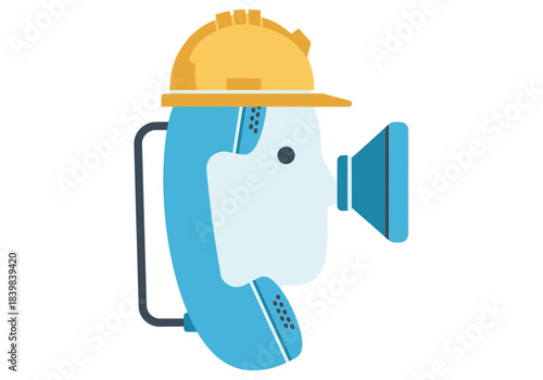 Telephone with hard hat and breathing apparatus, representing communication safety.