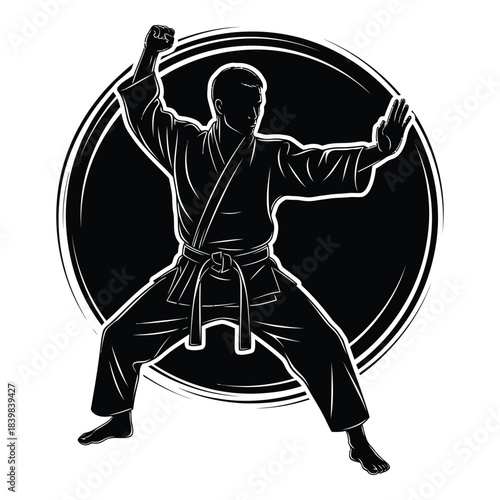 Karate practitioner in dynamic pose isolated illustration