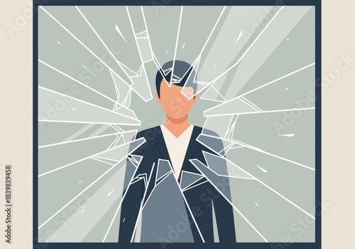 Man in suit reflected in shattered glass, radiating light.