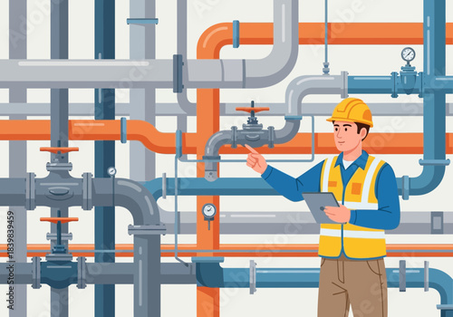 Worker inspects complex network of industrial pipes and valves.