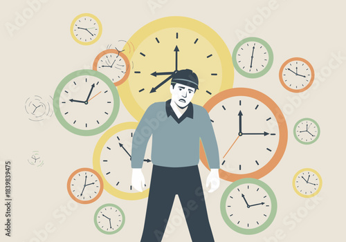 Man surrounded by many clocks, looking stressed.