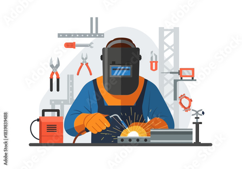 Welder wearing mask and gloves performing welding with sparks.