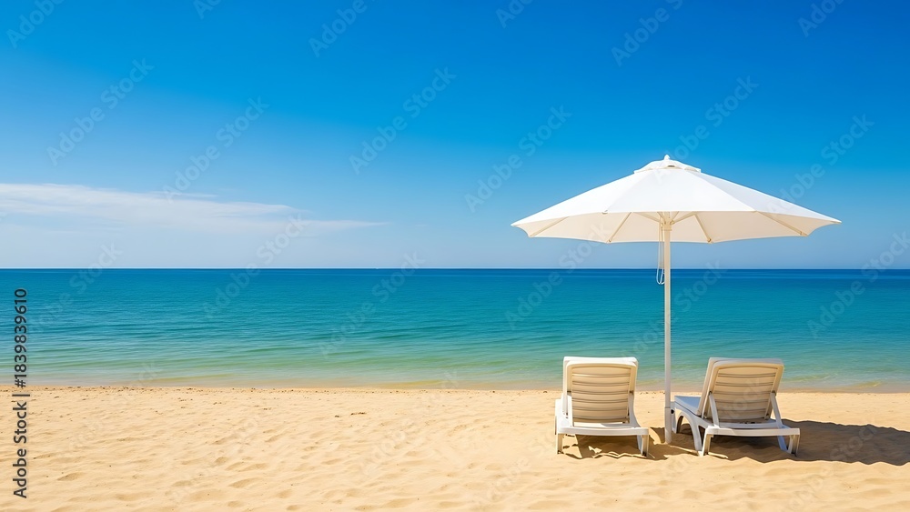 Fototapeta premium Serene White Lounge Chairs under Beach Umbrella Paradise
