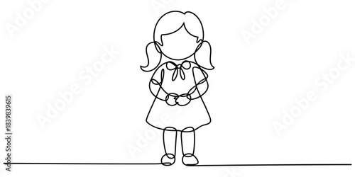 One line drawing of a cute girl with pigtails standing