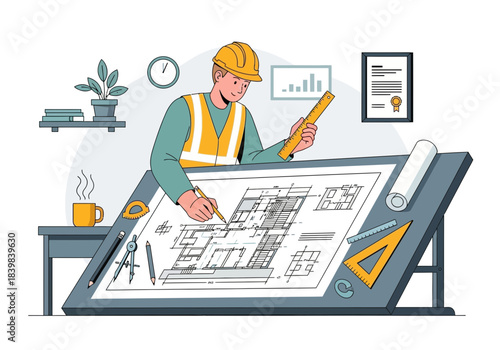 Engineer working on blueprints at a drafting table with tools.