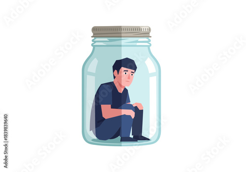 Man trapped inside a glass jar with a lid.