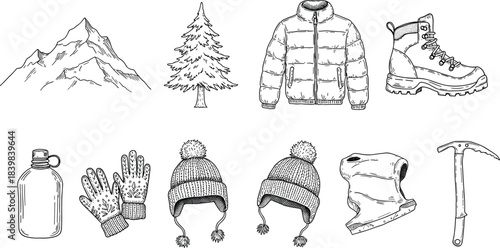 Winter hiking gear and mountain equipment illustration with boots, jacket, gloves, hat, and tools, cad drawing flat vector illustration