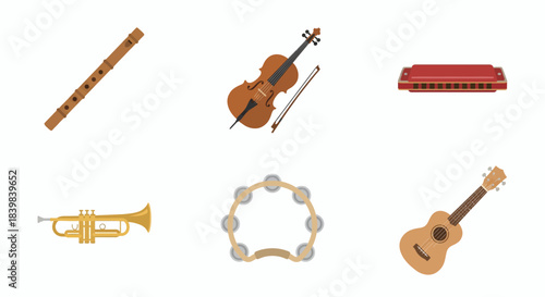 Musical Instruments Collection Vector Illustration - guitar, drum, piano, violin, bass