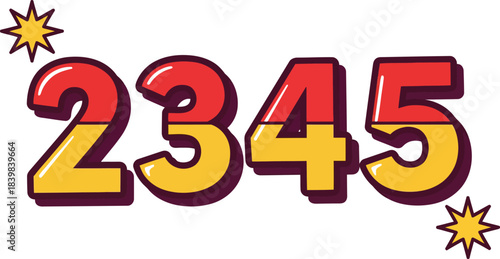 Cartoonish Number 2345 in a Bold TwoTone Red and Yellow Style with Sparkles.
