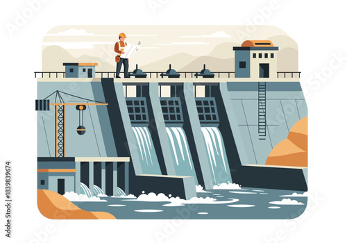 Worker on dam overseeing water flow from gates with a crane nearby.