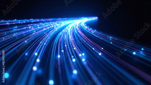 Abstract Blue Light Trails Flowing on Black Background
