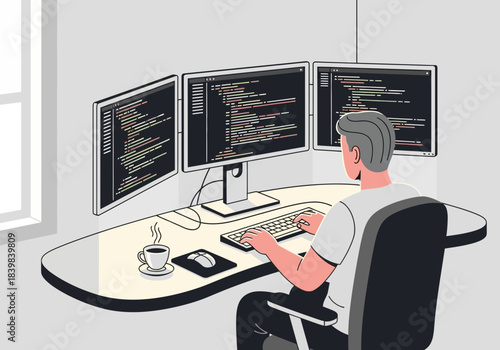 Person coding on multiple computer monitors at a desk.