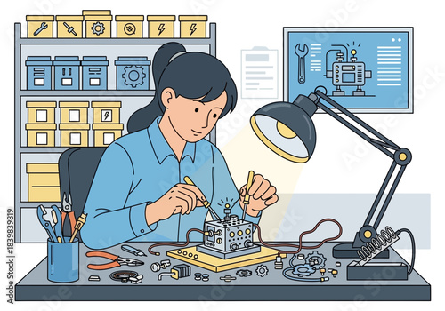 Woman assembling electronic device with tools and components on desk.