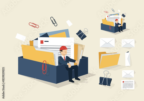 Man sitting near a stack of documents and office supplies.