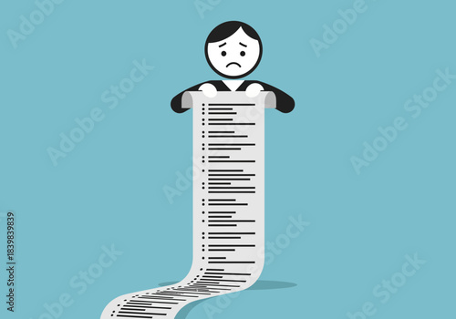 Sad person holding a very long list of tasks or items.