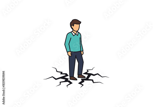 Man standing on cracked ground with a worried expression.