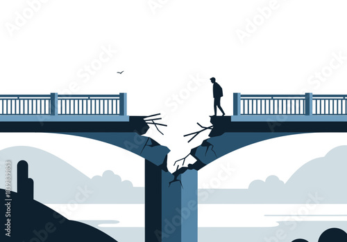 Lone figure walks across a broken bridge over water and mountains.